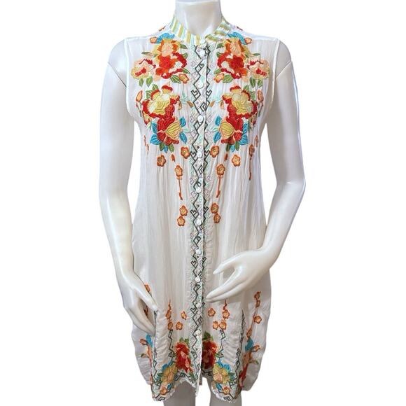Johnny Was Dresses & Skirts - Johnny Was White Embroidered Floral Dress Size S Cupra Rayon Button Down